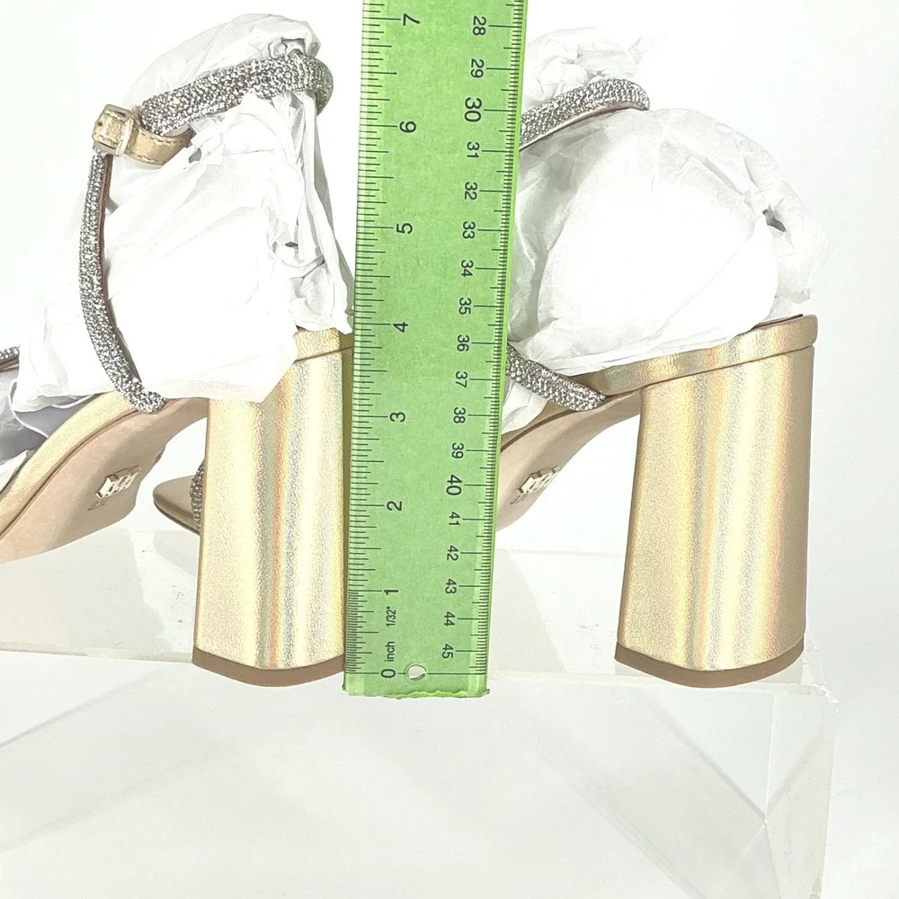 Badgley Mischka Silver Crystal-Strap Gold Block Heel Sandals